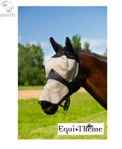 equi theme full face fly mask in beige and black. thick mesh so mask holds it's shape. covers muzzle and ears