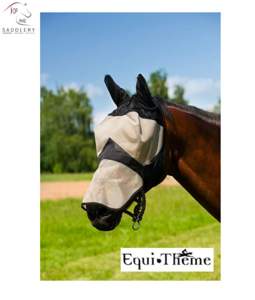 equi theme full face fly mask in beige and black. thick mesh so mask holds it's shape. covers muzzle and ears